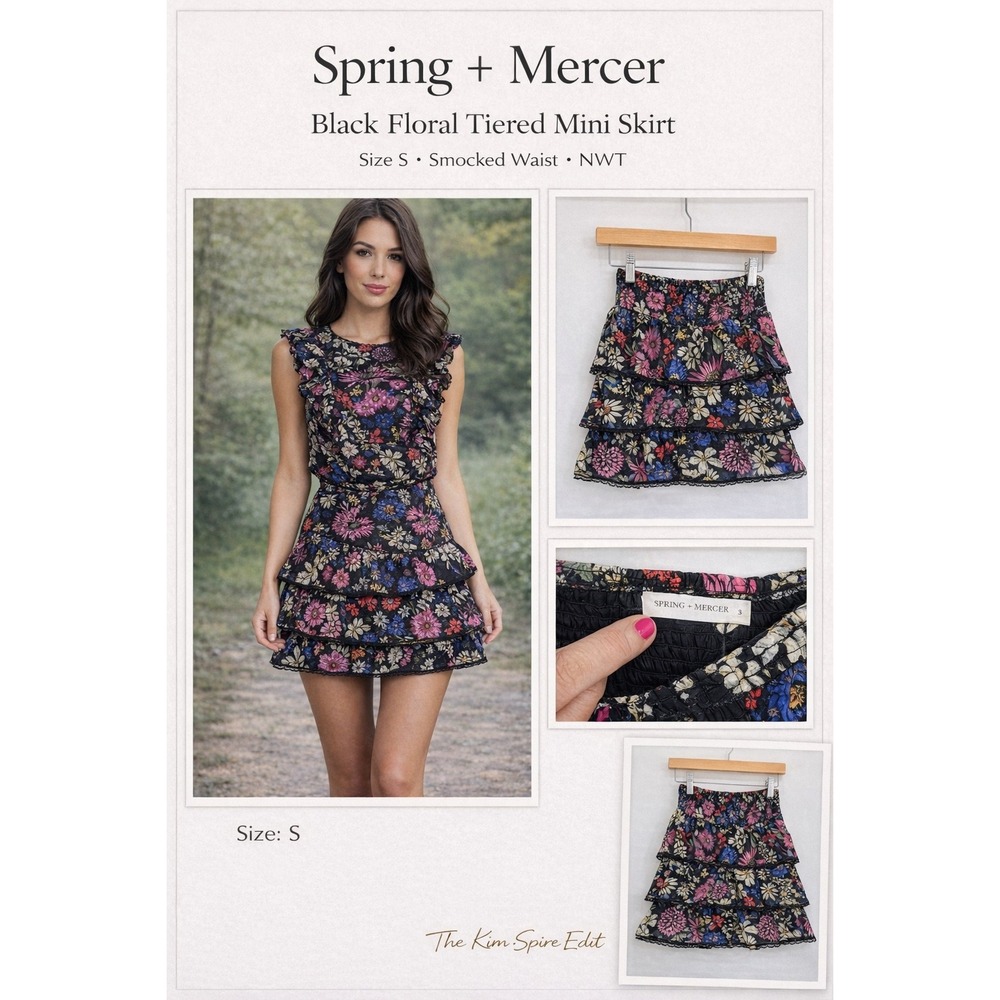 Spring + Mercer Womens Floral Smocked Tiered‎ Ruffle Mini Skirt Black Multi Sz S